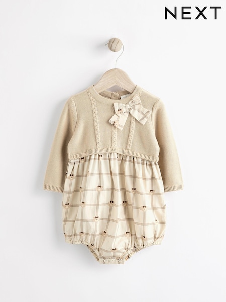 Beige/Cream Bear Print Baby 100% Cotton Bloomer Romper With Tights (0mths-2yrs) (Q94804) | 69 QAR - 76 QAR