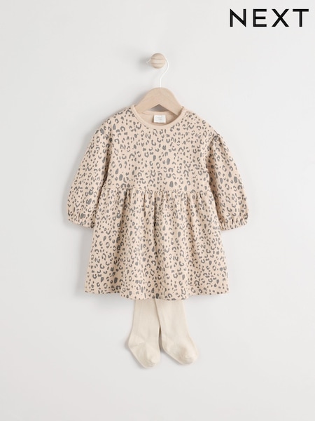 Tan Brown Leopard Print Baby Jersey Dress With Tights (0mths-2yrs) (Q94805) | AED44 - AED51