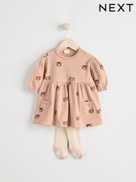 Caramel Brown/Pink Bear Print Baby Jersey Dress With Tights (0mths-2yrs) (Q94807) | AED46 - AED53