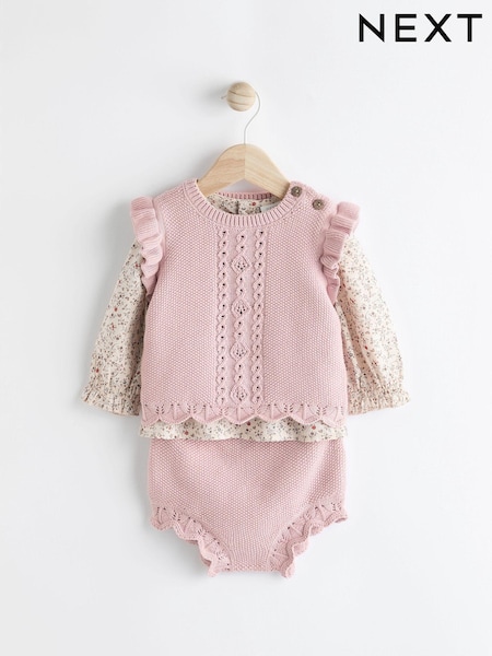 Pink Knitted Bloomer 100% Cotton Shorts Long Sleeve Top and Tights Set (0mths-2yrs) (Q94808) | €29 - €31