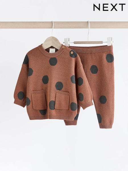 بني فاتح منقط - Baby Knitted 100% Cotton Jumper and Leggings Set (0mths-2yrs) (Q94811) | ‏63 د.إ.‏ - ‏ 71‏ د.إ.