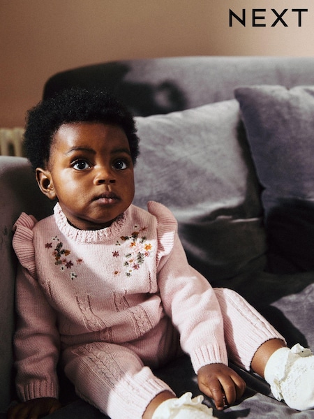 Pink Flower Embroidered Baby Knitted 100% Cotton Jumper And Leggings Set (0mths-2yrs) (Q94812) | €22 - €24