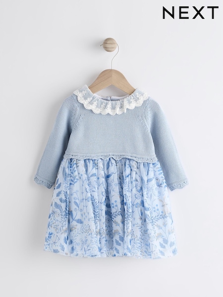 أزرق مشجر - 2-in-1 Long Sleeve Knitted Jumper Frill Collar Mesh Dress (0mths-2yrs) (Q94827) | ‏63 د.إ.‏ - ‏ 71‏ د.إ.