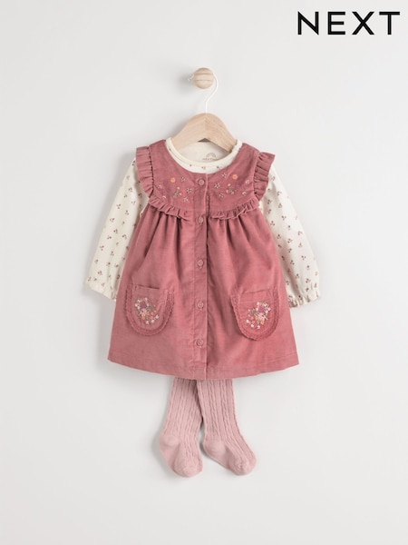 rožnata Izvezeno - Baby Corduroy Pinafore 100% Cotton Dress With Tights (0mths-2yrs) (Q94874) | € 20 - € 21