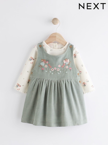 Green Embroidered Baby Corduroy Pinafore 100% Cotton Dress With Tights (0mths-2yrs) (Q94879) | AED81 - AED88