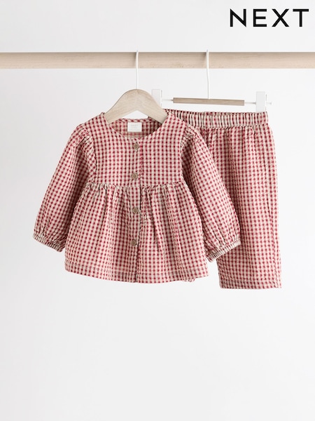 Red Gingham Woven Long Sleeve 100% Cotton Top and Wide Leg Trousers Set (0mths-2yrs) (Q94883) | €10.50 - €12