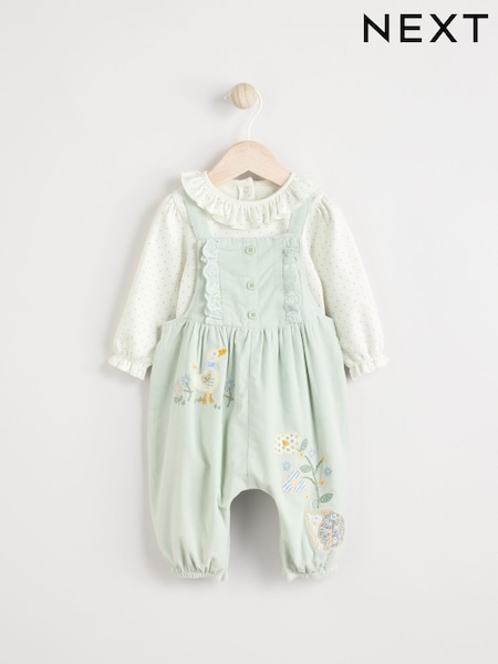 Sage Green Character Baby Corduroy 100% Cotton Dungarees and Long Sleeve Bodysuit Set (0mths-2yrs) (Q94884) | €31 - €34