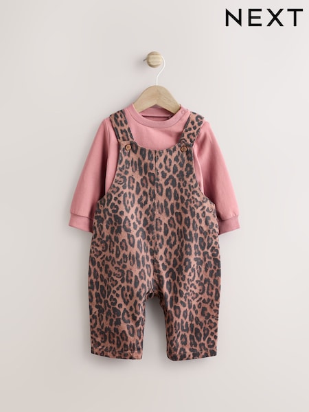 Tan Brown Leopard Print Baby Long Sleeve Bodysuit & Dungarees Set (0mths-2yrs) (Q94895) | kr334 - kr368