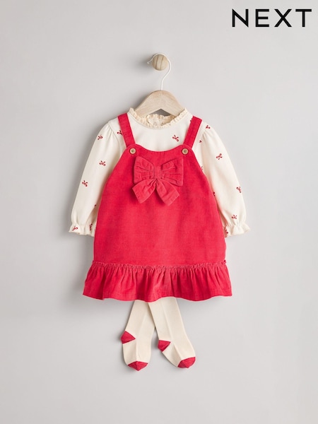 Red 3D Bow Baby Corduroy Pinafore 100% Cotton Dress With Tights (0mths-2yrs) (Q94907) | 83 QAR - 90 QAR