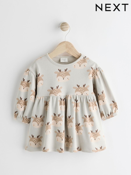 Mint Green Deer Print Christmas Baby Jersey 100% Cotton Dress With Tights Set (0mths-2yrs) (Q94914) | €14