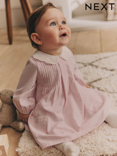 وردي - Baby Collared Woven Dress With Tights (0mths-2yrs) (Q94918) | ‏94 ر.ق. - ‏104 ر.ق.