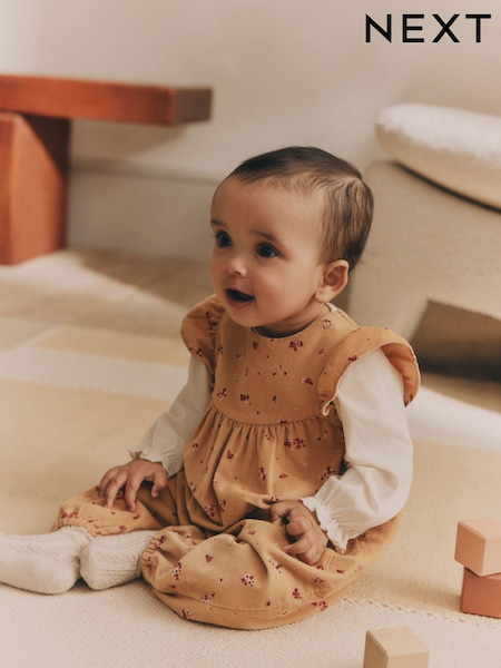 Ochre Yellow Ditsy Floral Baby Corduroy 100% Cotton Dungarees and Long Sleeve Bodysuit Set (0mths-2yrs) (Q94927) | $31 - $34