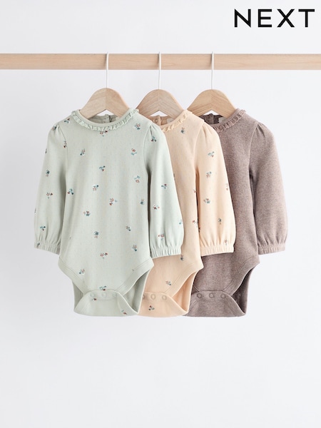 Salbeigrün/Tan mit Floralmuster - Baby Long Sleeve 100% Cotton Bodysuits 3 Pack (Q95142) | 16 € - 18 €