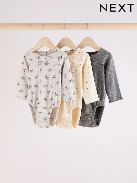 Grau mit Schleifenausschnitt - Baby Long Sleeve 100% Cotton Bodysuits 3 Pack (Q95149) | 18 € - 19 €