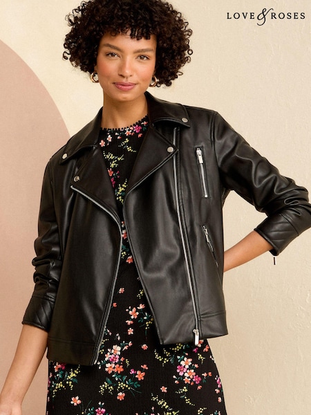 Love & Roses Faux Leather Long Line Biker Jacket (Q95152) | 229 LEI