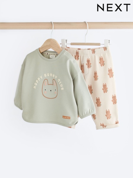 Sage Green Varsity Bunny Baby Long Sleeve Top And Leggings Set (Q95430) | AED39 - AED46