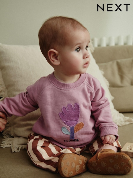 Lilac Purple Flower/ Stripe Baby 100% Cotton Sweat and Wide Leg Trousers Set (Q95447) | AED7 - AED8