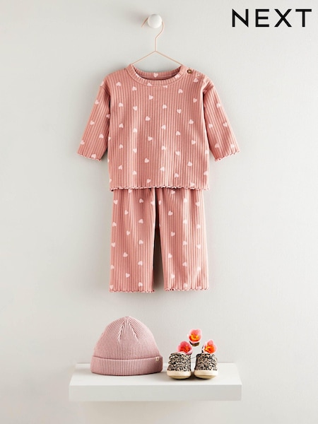 Pink Heart Print Baby Top and Wide Leg Trousers 2 Piece Set (0mths-2yrs) (Q95521) | €16 - €19