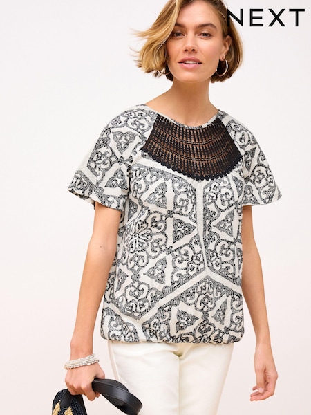 Black/White 100% Cotton Short Sleeve Crochet Bubblehem Printed Top (Q95746) | €6