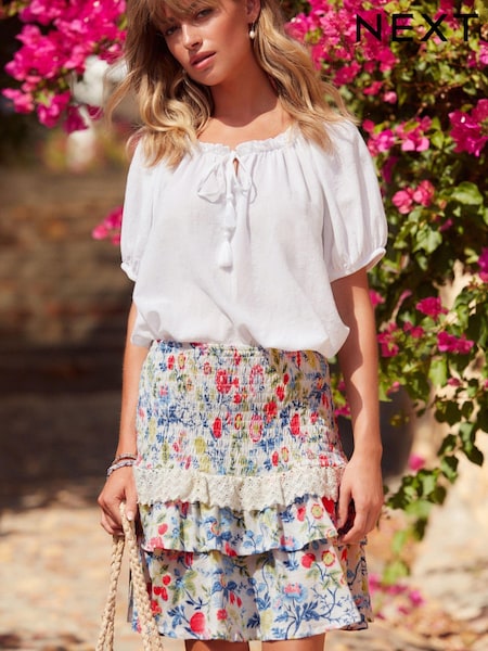 White Fruit Print Shirred Layered Mini Skirt (Q95813) | €13