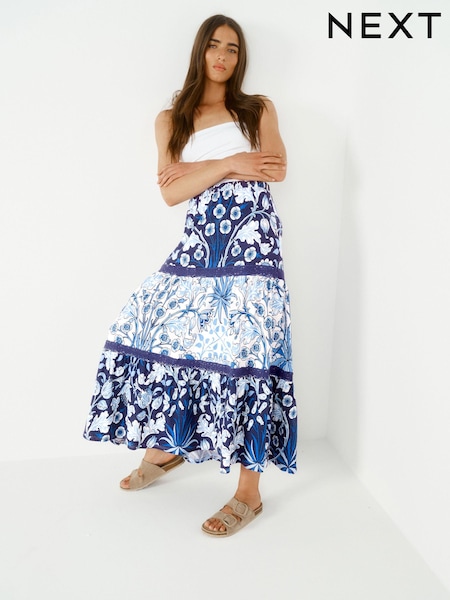 Morris & Co Blue Print Textured 100% Cotton Maxi Skirt With Crochet Trim (Q95834) | €19