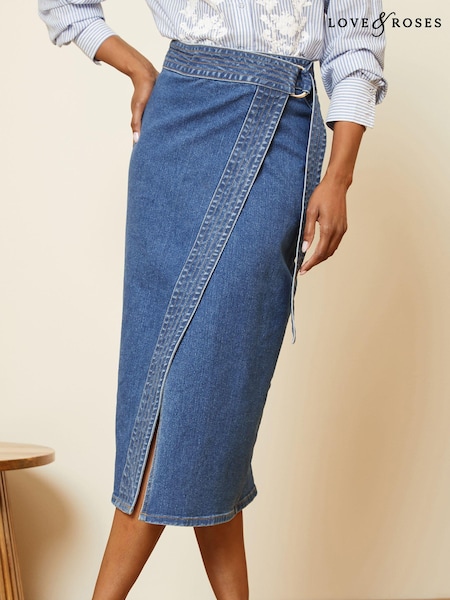 Love & Roses Wrap Denim Midi Skirt (Q95924) | 167 LEI