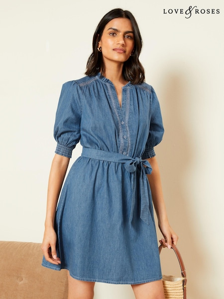 Love & Roses Navy Blue Chambray Trim Puff Sleeve Dress (Q95933) | €55