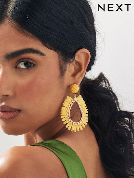 Yellow Raffia Teardrop Statement Earrings Made With Recycled Metal (Q95978) | €9.50