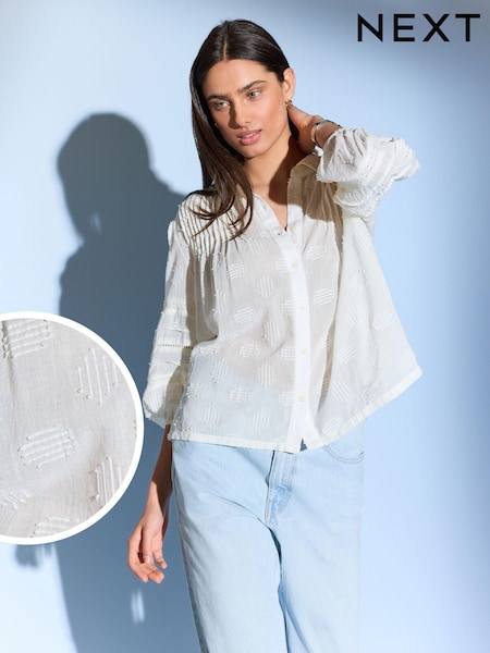 Off White 100% Cotton Textured Long Sleeve Lace Trim Shirt (Q96011) | €12