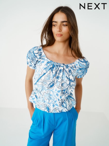 Blue Print 100% Cotton Bardot Puff Sleeve Blouse (Q96061) | €14