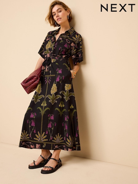 Black Floral Utility Pocket Shirt Midi Summer Dress (Q96082) | €46