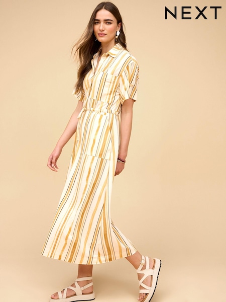 Ecru and Yellow Stripe Utility Pocket Shirt Midi Summer Dress (Q96083) | €23