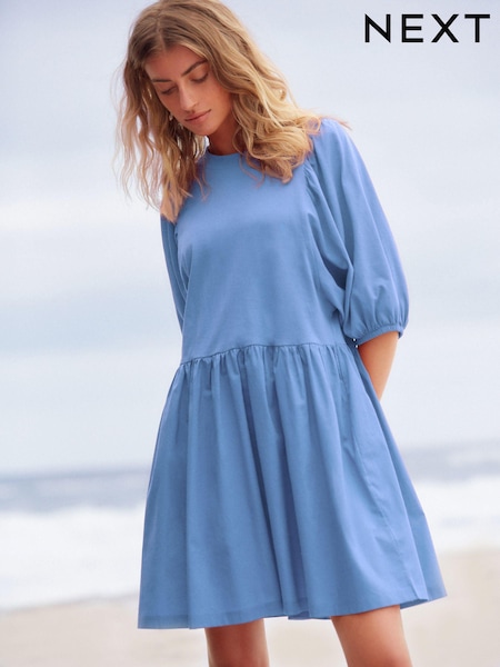 Blue 100% Cotton Puff Sleeve Mini Jersey Dress (Q96084) | €13