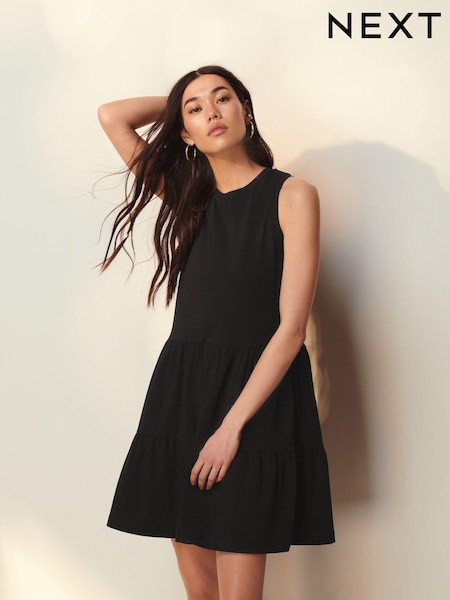 Negru - Sleeveless Tiered Mini Summer Jersey Dress (Q96104) | 60 LEI