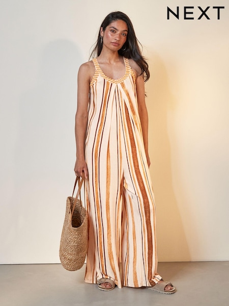 Желтый/белый в полоску - Sleeveless Beaded Trim Summer Wide Leg Jumpsuit (Q96108) | €15