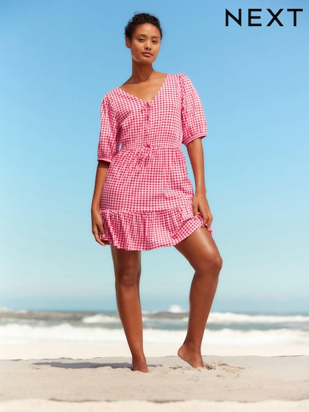 Red Gingham 100% Cotton Puff Sleeve Woven Mix Summer Dress (Q96109) | €8