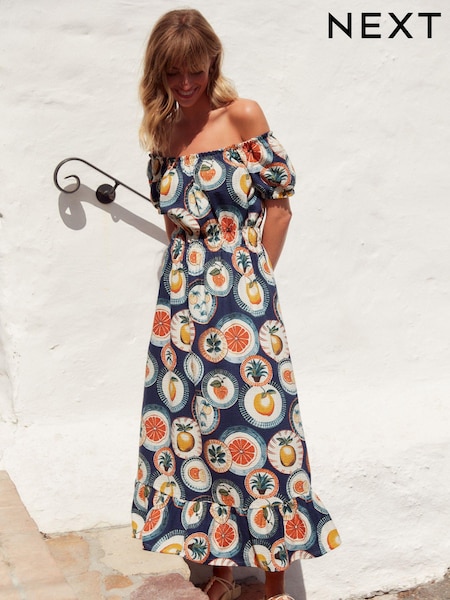 Blue 100% Cotton Bardot Puff Sleeve Jersey Summer Dress (Q96113) | €17