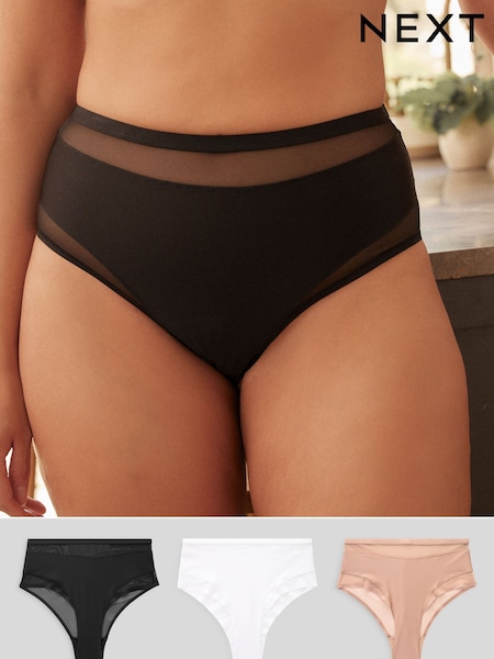 Black/White/Nude Mesh Trim High Waist High Leg Knickers 3 Pack (Q96199) | €38