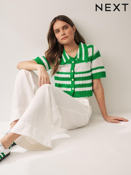 Green/White Button Down Short Sleeve Collared Crochet Shirt (Q96266) | €13