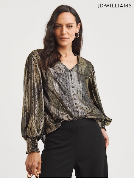 JD Williams Gold Metallic Button Through Dip Back Blouse (Q96407) | €17