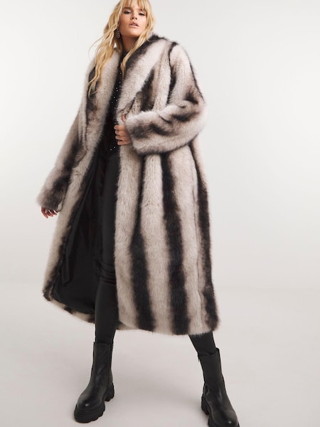 Simply Be Natural Mono Stripe Faux Fur Maxi Coat (Q96417) | €70