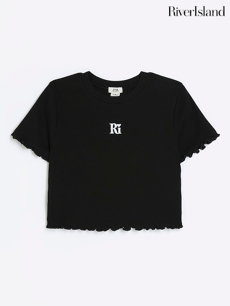River Island Black 100% Cotton Lettuce Hem Rib Top (Q96454) | €11 - €13