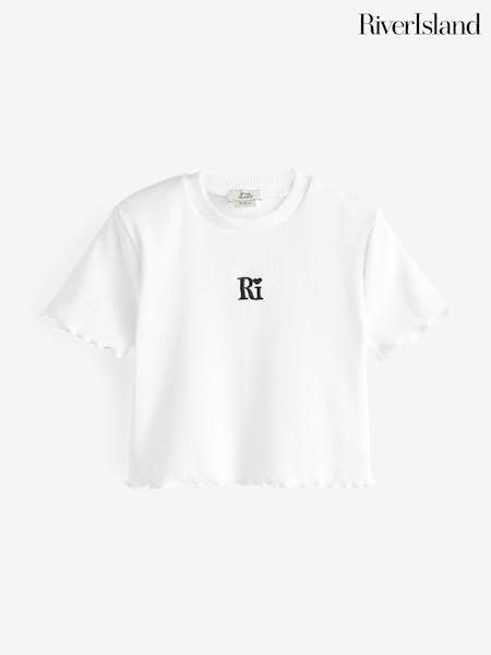 River Island White 100% Cotton Lettuce Hem Rib Top (Q96472) | €11 - €13
