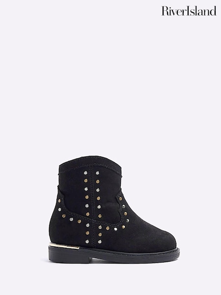 River Island Black Girls Black Studded Western Boots (Q96500) | €18
