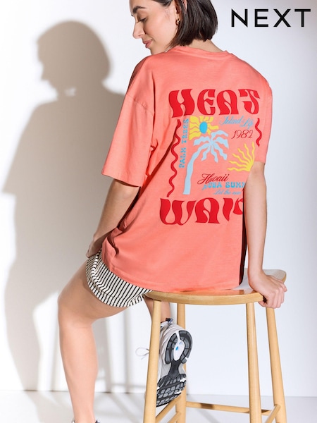 Coral Pink Relaxed Fit 100% Cotton Heatwave Summer Back Graphic T-Shirt (Q96554) | €13
