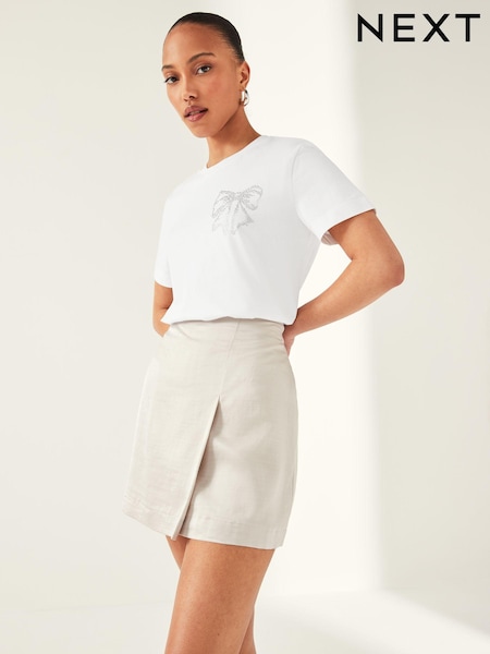 أبيض - 100% Cotton Bow Embellished T-Shirt (Q96577) | ‏42 د.إ.‏