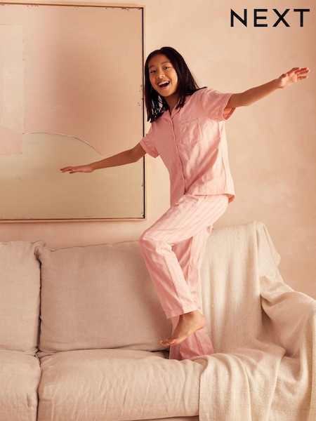 Pink Stripe Sateen Button Through 100% Cotton Pyjamas (6-16yrs) (Q96595) | 72 QAR - 103 QAR