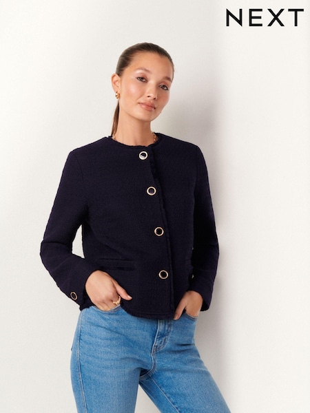 Navy Collarless Boucle Button Detail Jacket (Q96656) | €22
