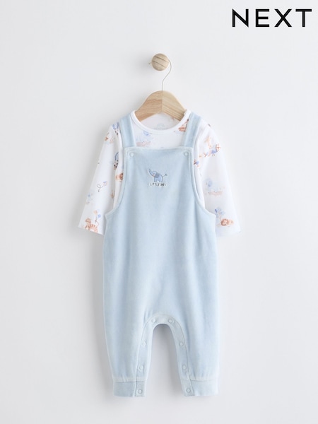 Blue Elephant Print Baby Velour Dungarees and Bodysuit Set (0-18mths) (Q96668) | €25 - €28
