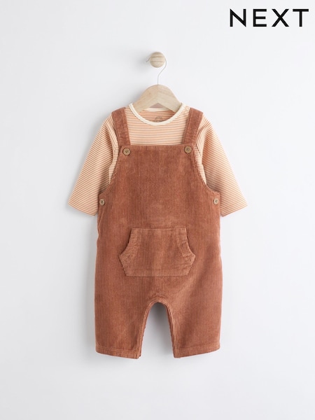 Rust Brown Cord 100% Cotton Baby Dungarees and Bodysuit Set (0mths-2yrs) (Q96669) | €20 - €22